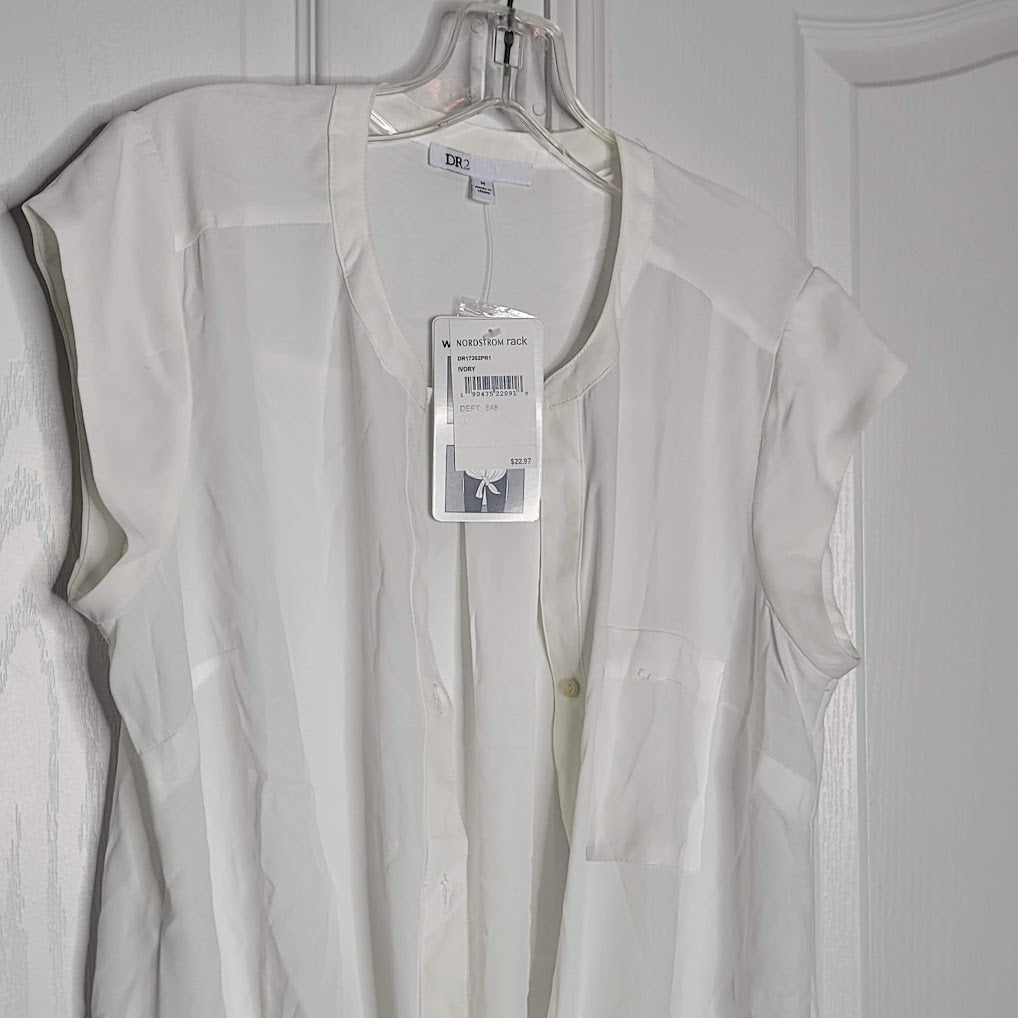 DR2 Sheer Ivory White Medium Front Tie High Low Sleeveless Blouse Top Shirt NEW