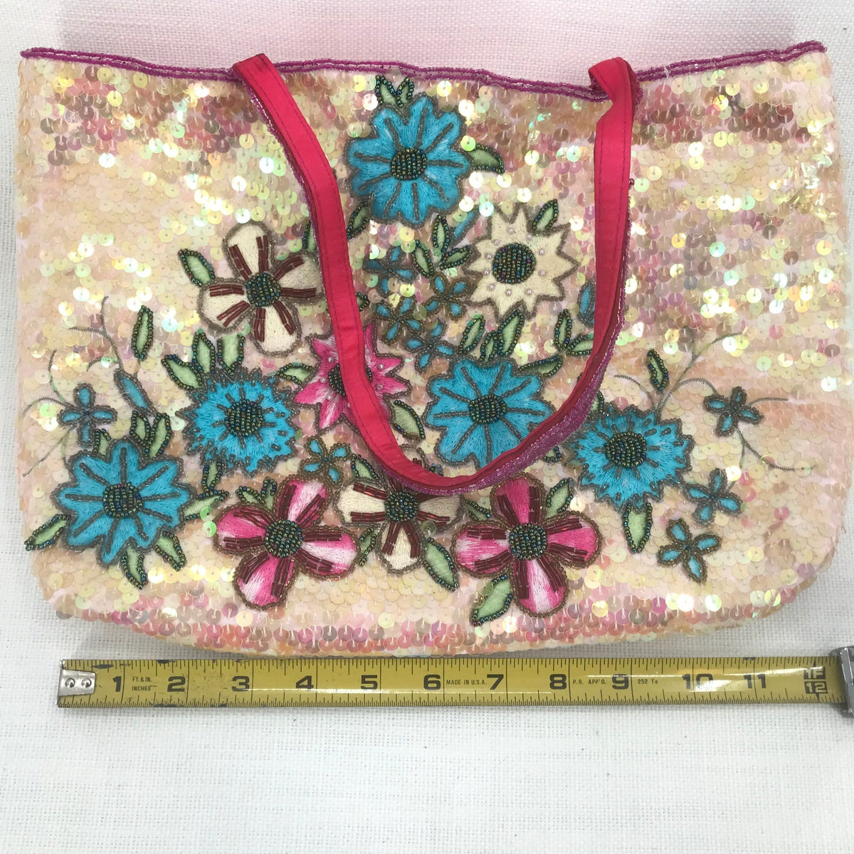 Beaded Prairie Rose Floral Embroidery Sequins Tote Handbag Multicolor