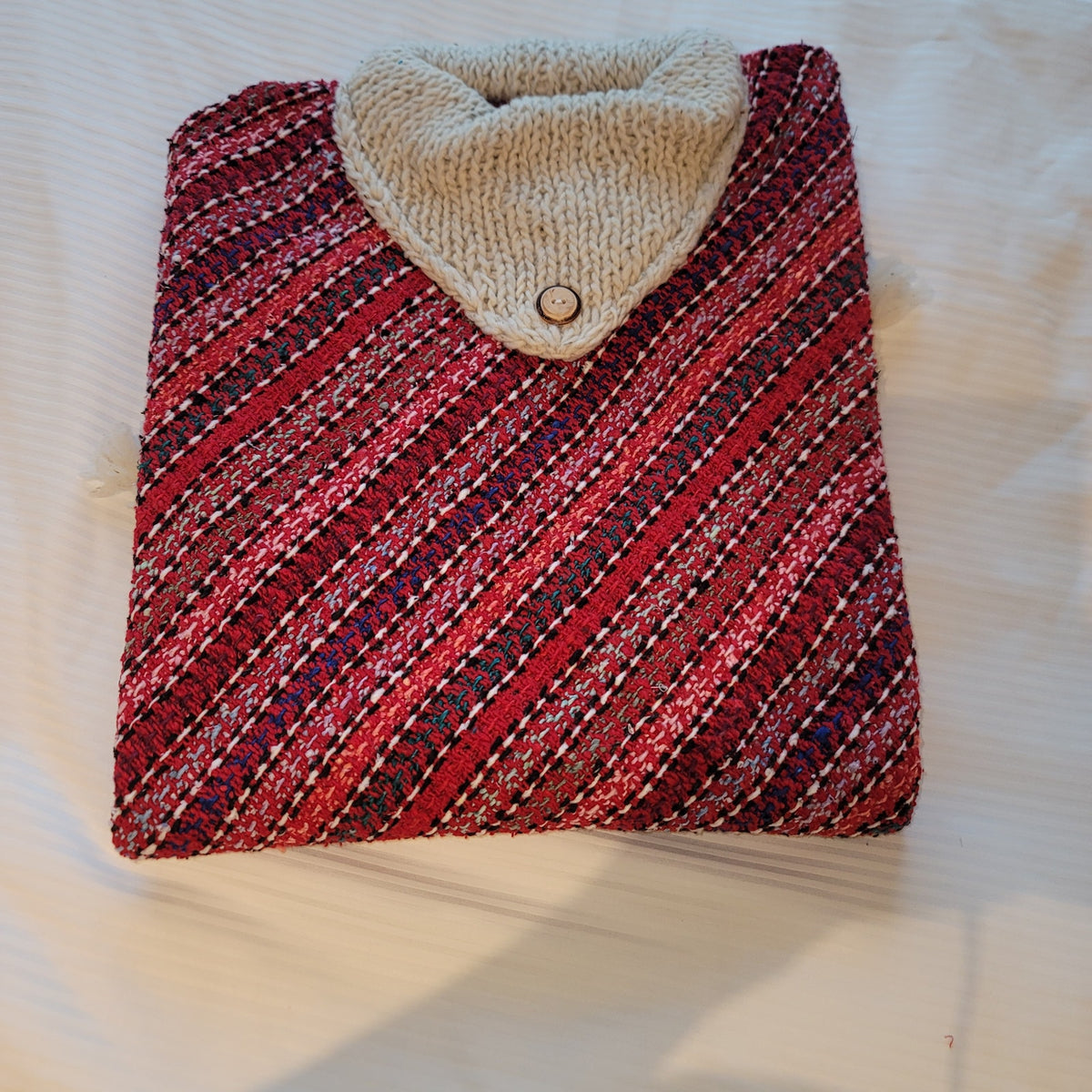 Handmade heavy poncho fringe wood button Winter One Size Multicolor Wool Cotton