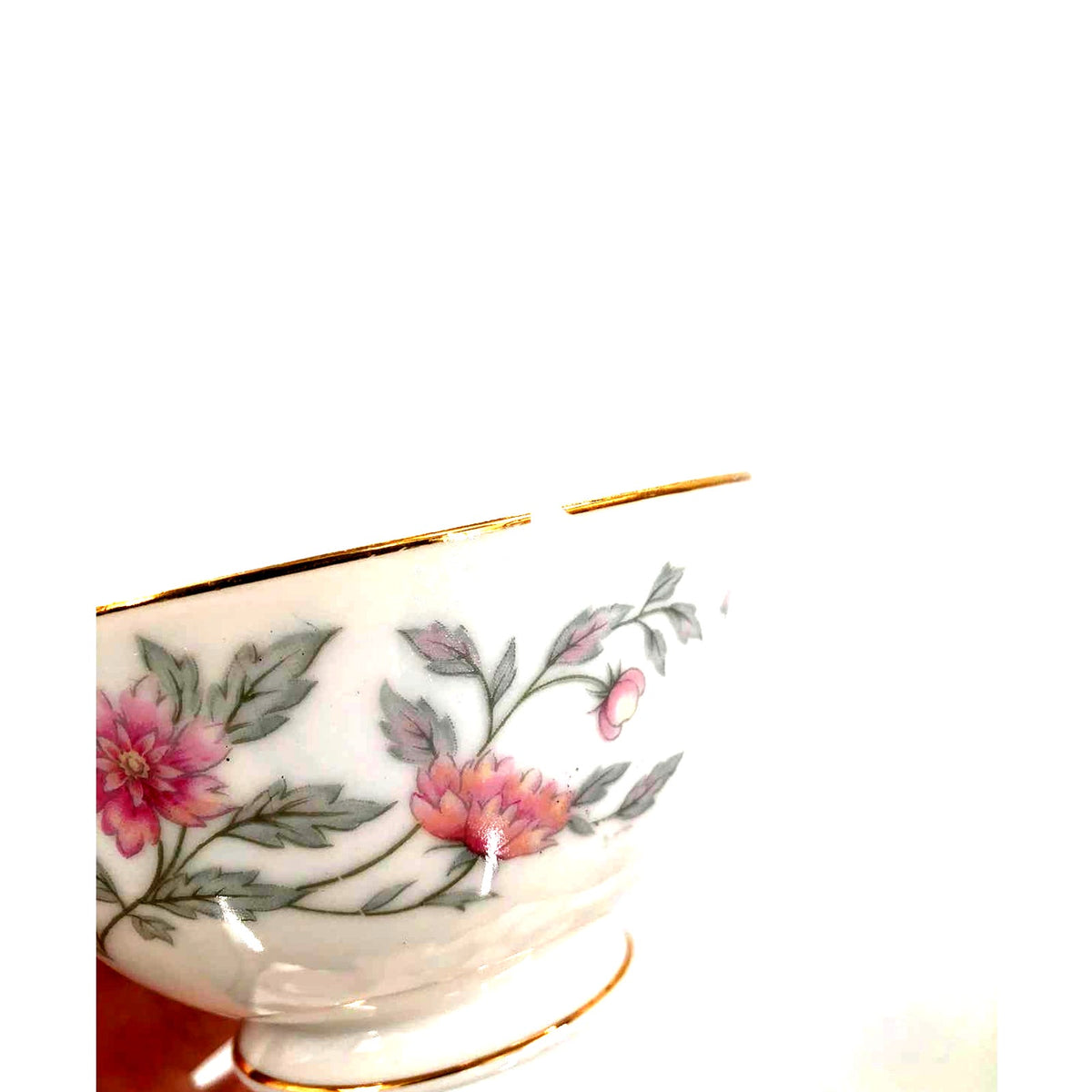 Footed Cup & Saucer Set Shalimar by Valmont China Pink Flowers Gray Stems SHABBY