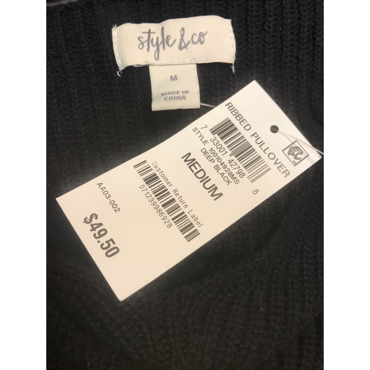 Style Co NWT Women’s Long Sleeve Deep Black Ribbed Pullover Sweater Size Medium