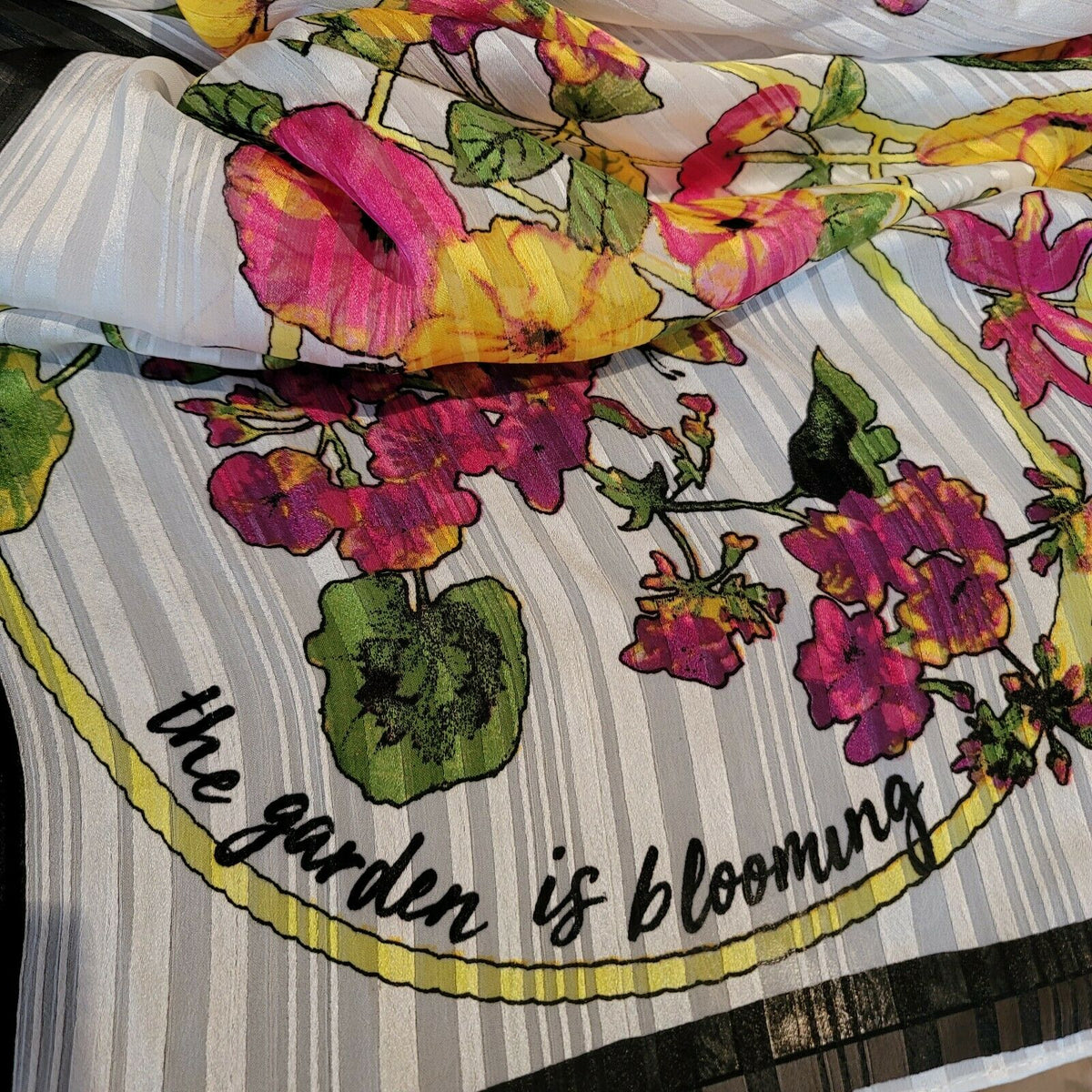 INC International Concepts Garden Pink Floral Black Tassel Square Scarf NWT