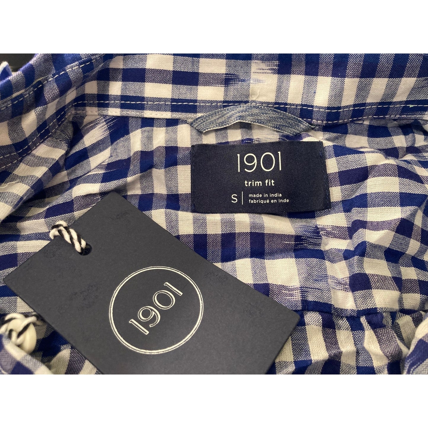 1901 Trim Fit Button Down Short Sleeve Shirt Sz Small White Blue Kat Plaid NWT