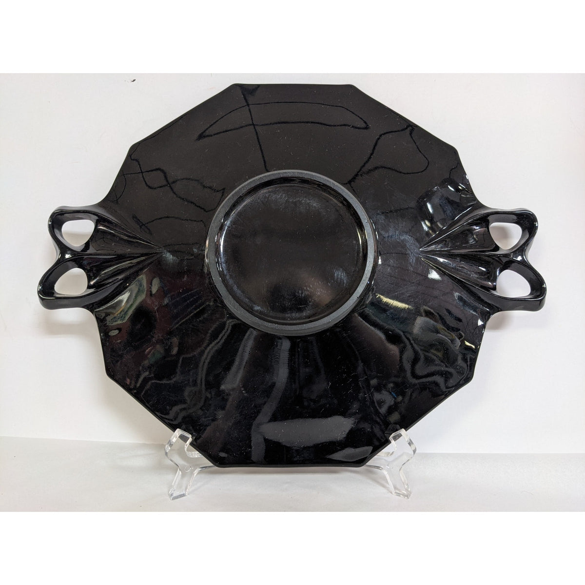 Vintage FOSTORIA Fairfax Large black glass handle dish Cake Serving Tray Platter