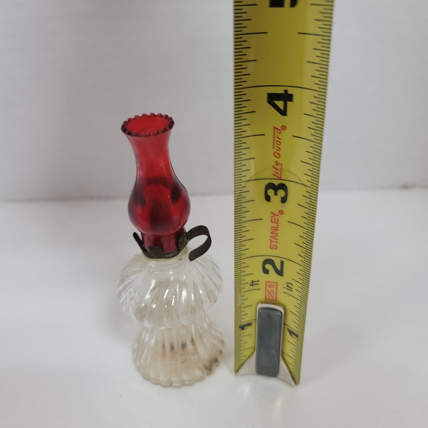 Vintage Mini Faux Oil Lamp Tiny Clear Base Red Chimney 3.5" tall glass plastic