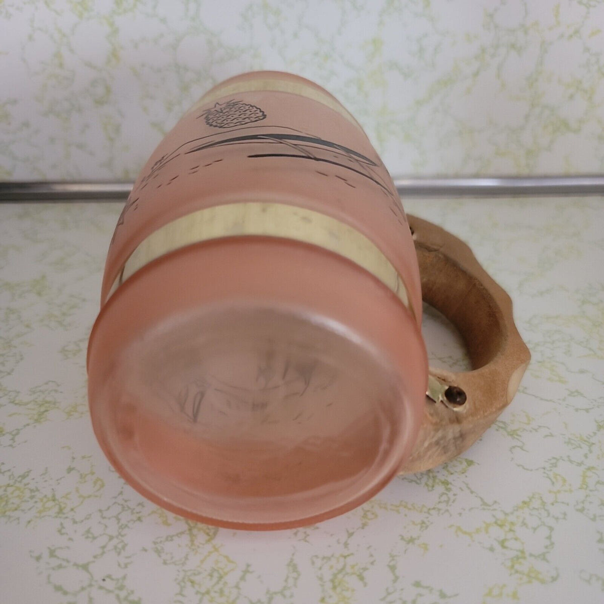 Vtg Siesta Ware Mugs Frosted Glass Hawaiian Tiki Mug w/ Wood Handle, 1960s Beach