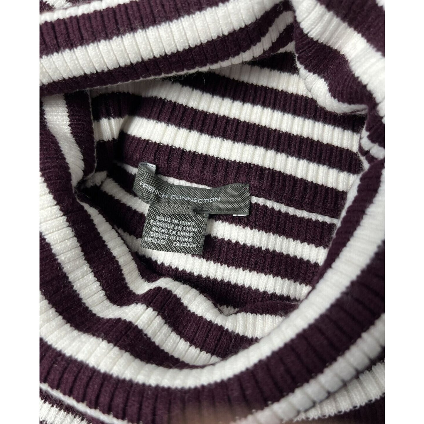 French Connection Striped Turtleneck Sweater Sz Large Evening Wine/White NWT