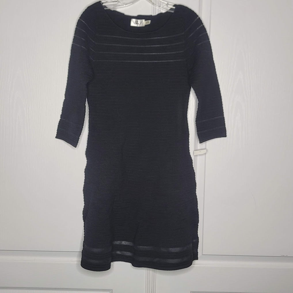 Eliza J Black Fit Flare Illusion Casual Dress Long Sleeve Ribbed Size Medium