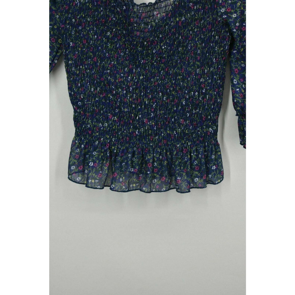 Topshop Criss Cross Ditsy Smocked Square Neck Blouse Size 4 US Blue Floral NWT