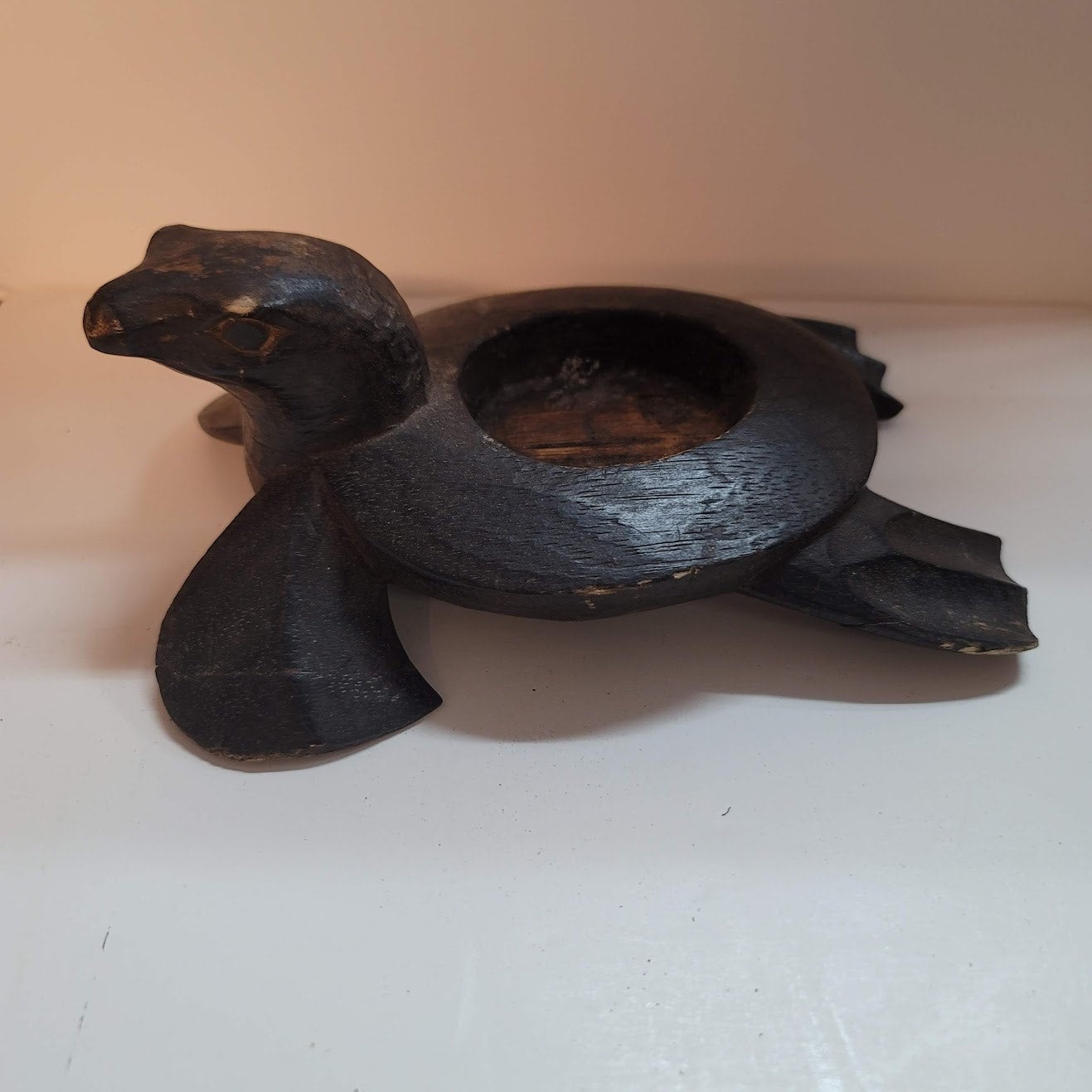 Hand carved wood sea turtle candle holder votive