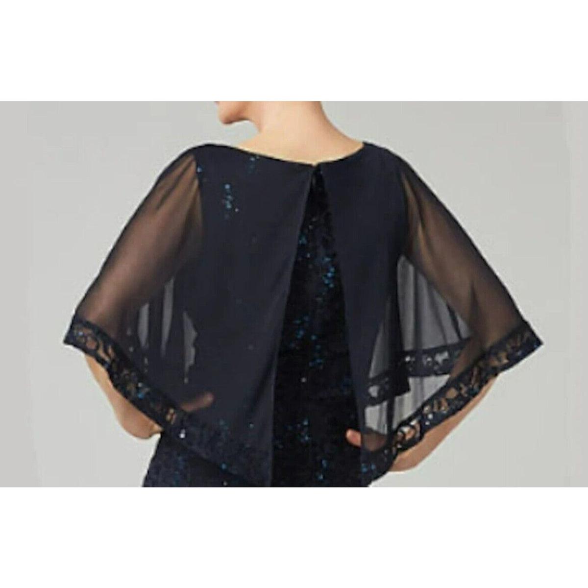 Onyx Nite Sequin and Lace with Sheer Cape Overlay Formal Gown Size 4 Navy NWT