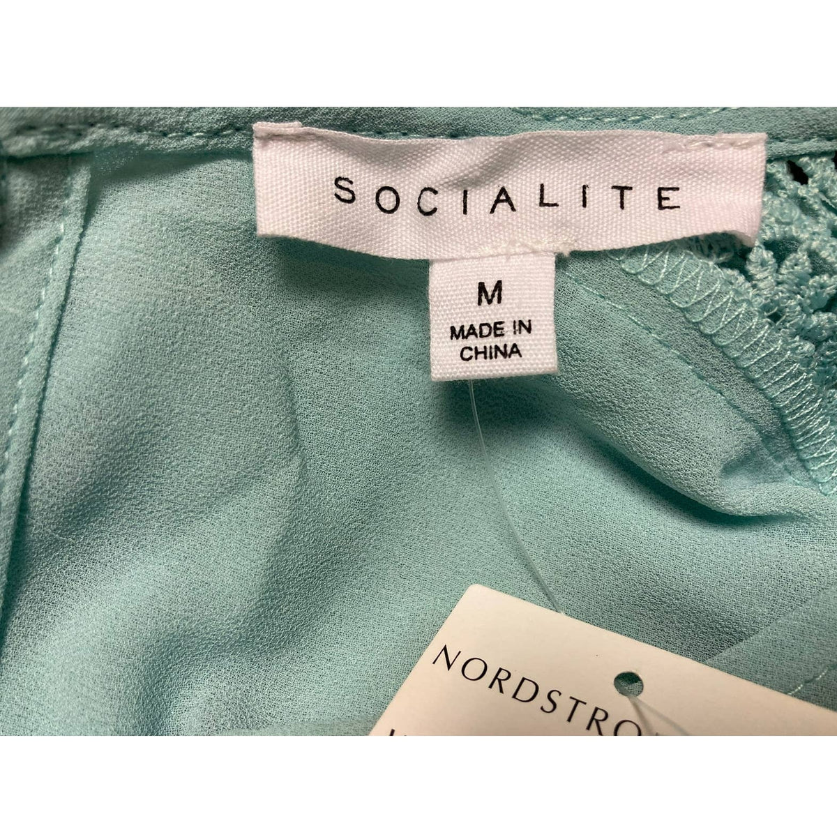 Socialite Mint Medium NEW Crochet Trim Smocked Waist & Sleeve Blouse