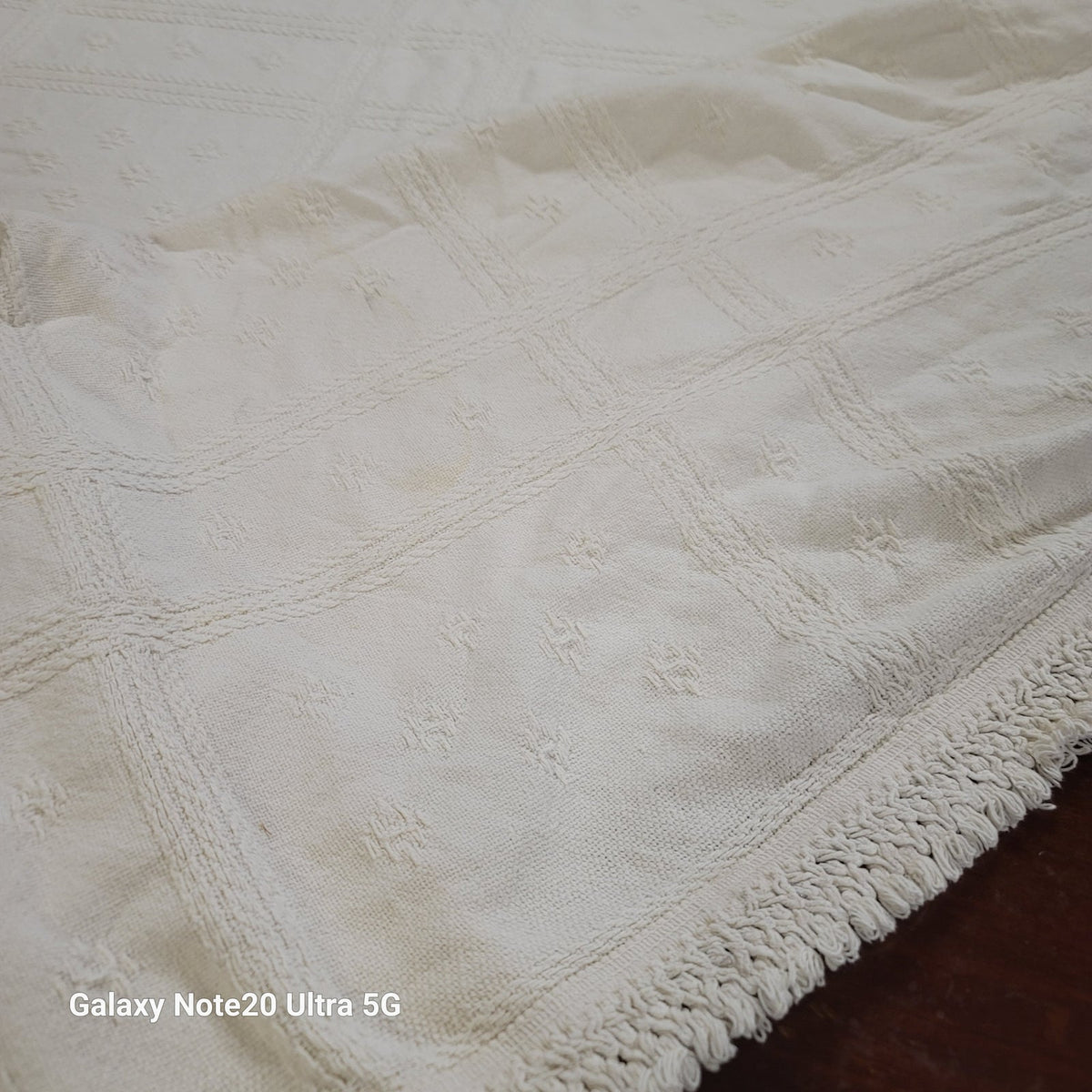 White coverlet blanket Woven squares fringe white king or queen vintage texture