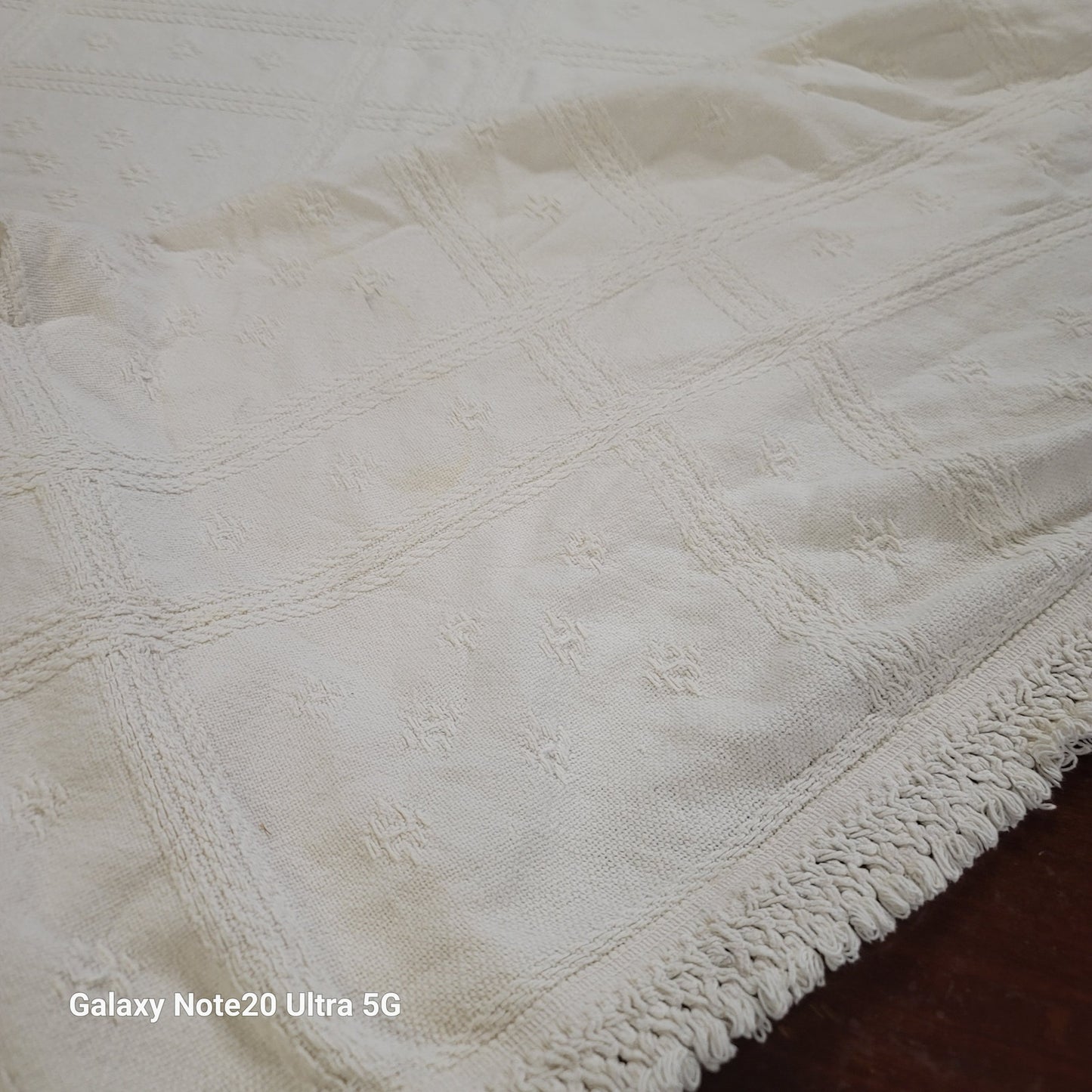 White coverlet blanket Woven squares fringe white king or queen vintage texture