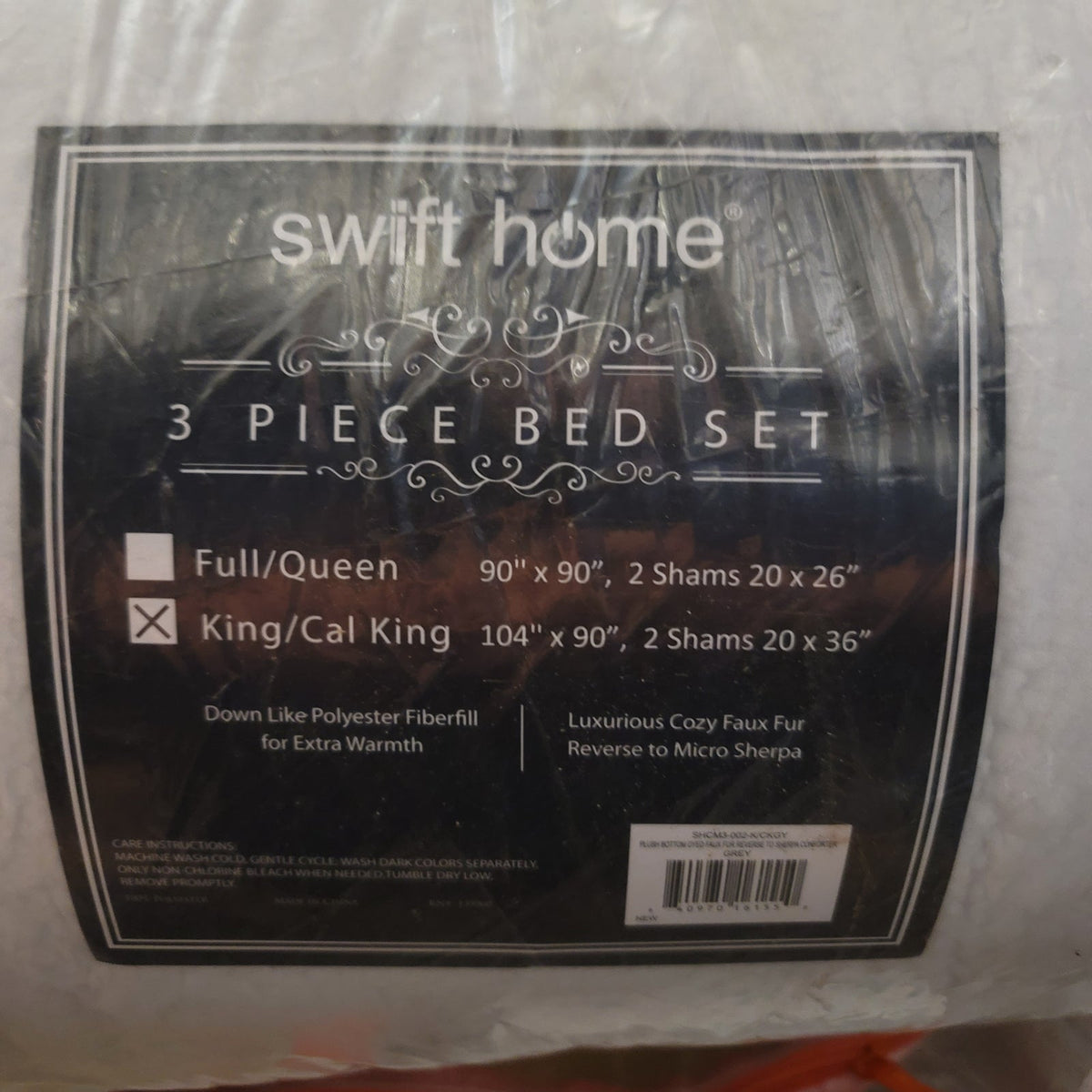 swift home 3-Piece Grey Faux Fur Reverse Sherpa King/Cal Comforter Set