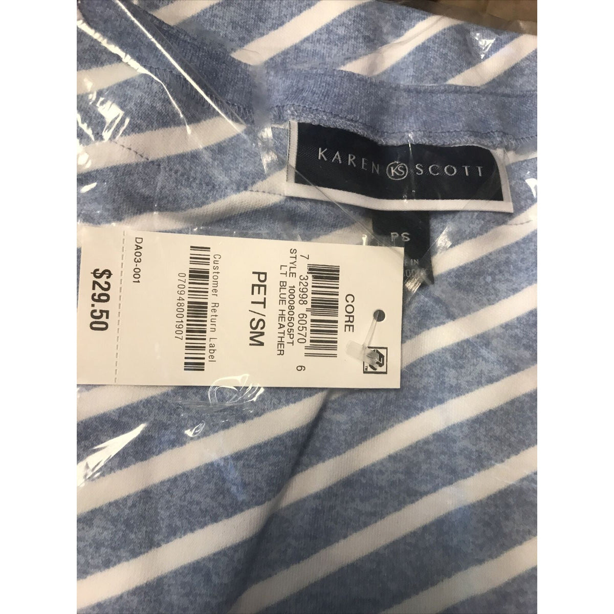 Karen Scott NWT Womens Asymmetrical Stripe Light Blue Heather Shirt Petite Small