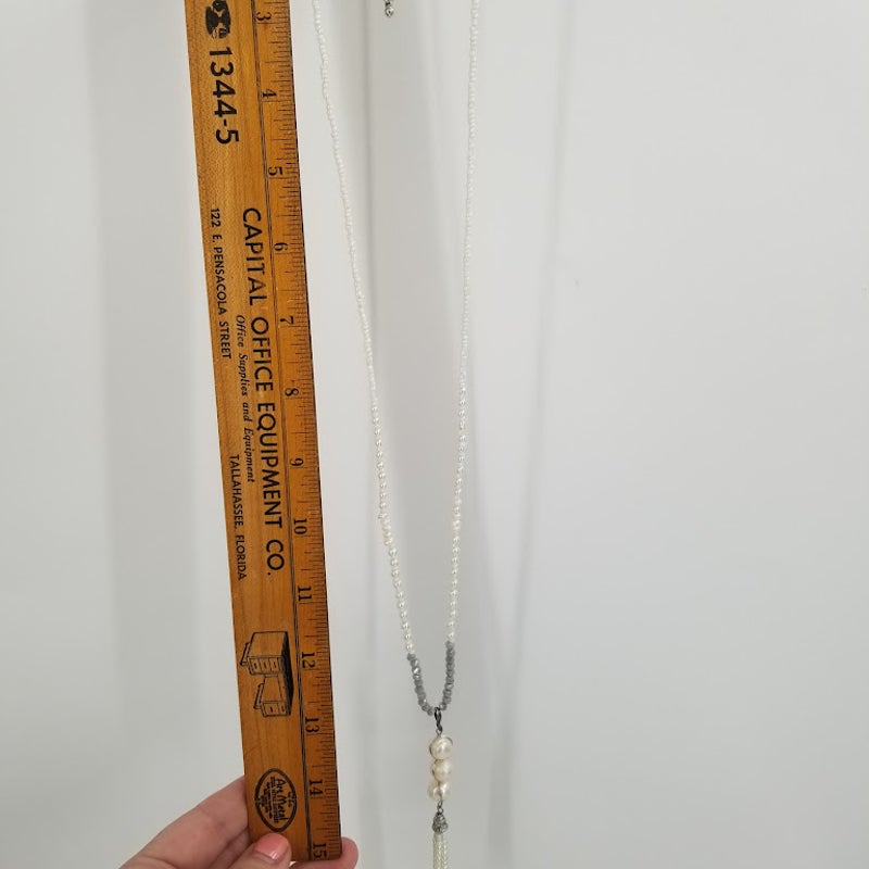 Vintage Faux pearl beaded Necklace with tassel costume jewelry