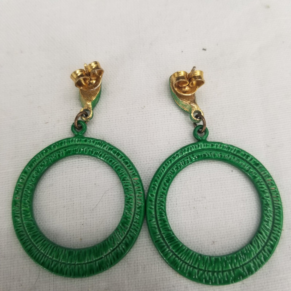 Vintage Green Painted Metal Dangle Post Earrings Costume Jewelry