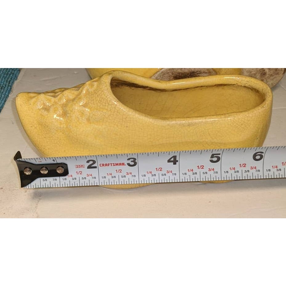 McCoy Mold Yellow Ceramic Clog Planters set 2 Dutch Shoes Cracked Glaze kitschy