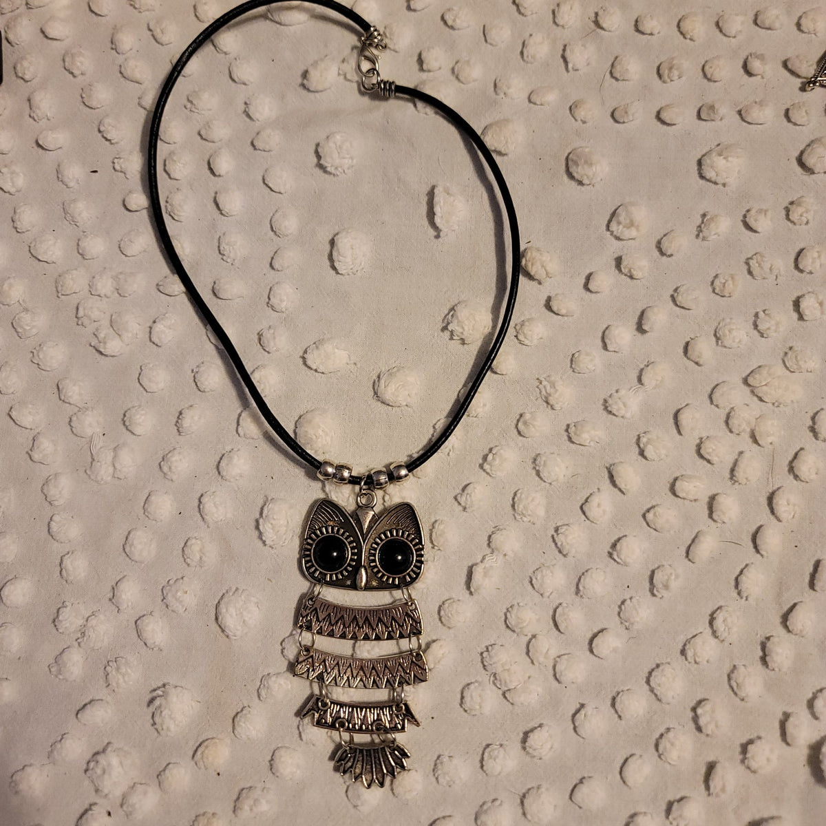 Handmade Owl reticulated on black necklace silvertone Madeira Portugal