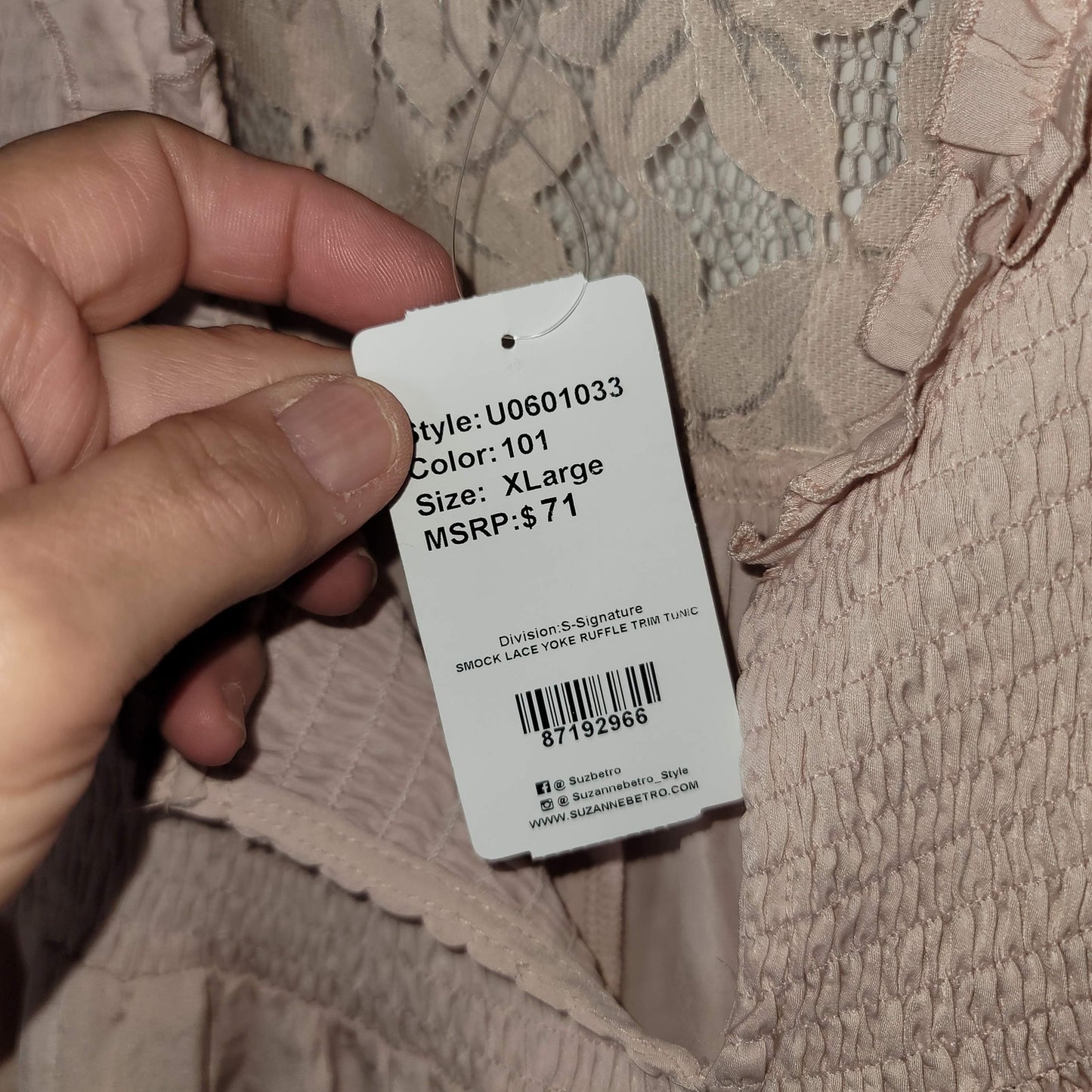 Suzanne Betro Smocked Lace-Yoke Ruffle-Trim Sleeveless Tunic Dusty Pink X-Large