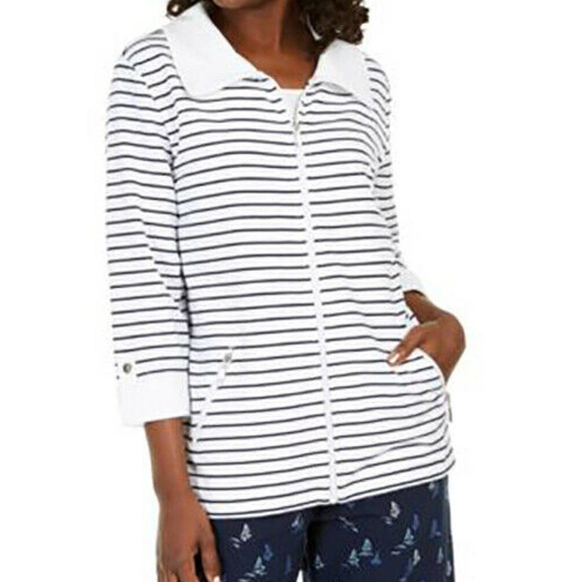 Karen Scott Sweatshirt Striped Full Zip Up Jacket Long Sleeve Bright White Large