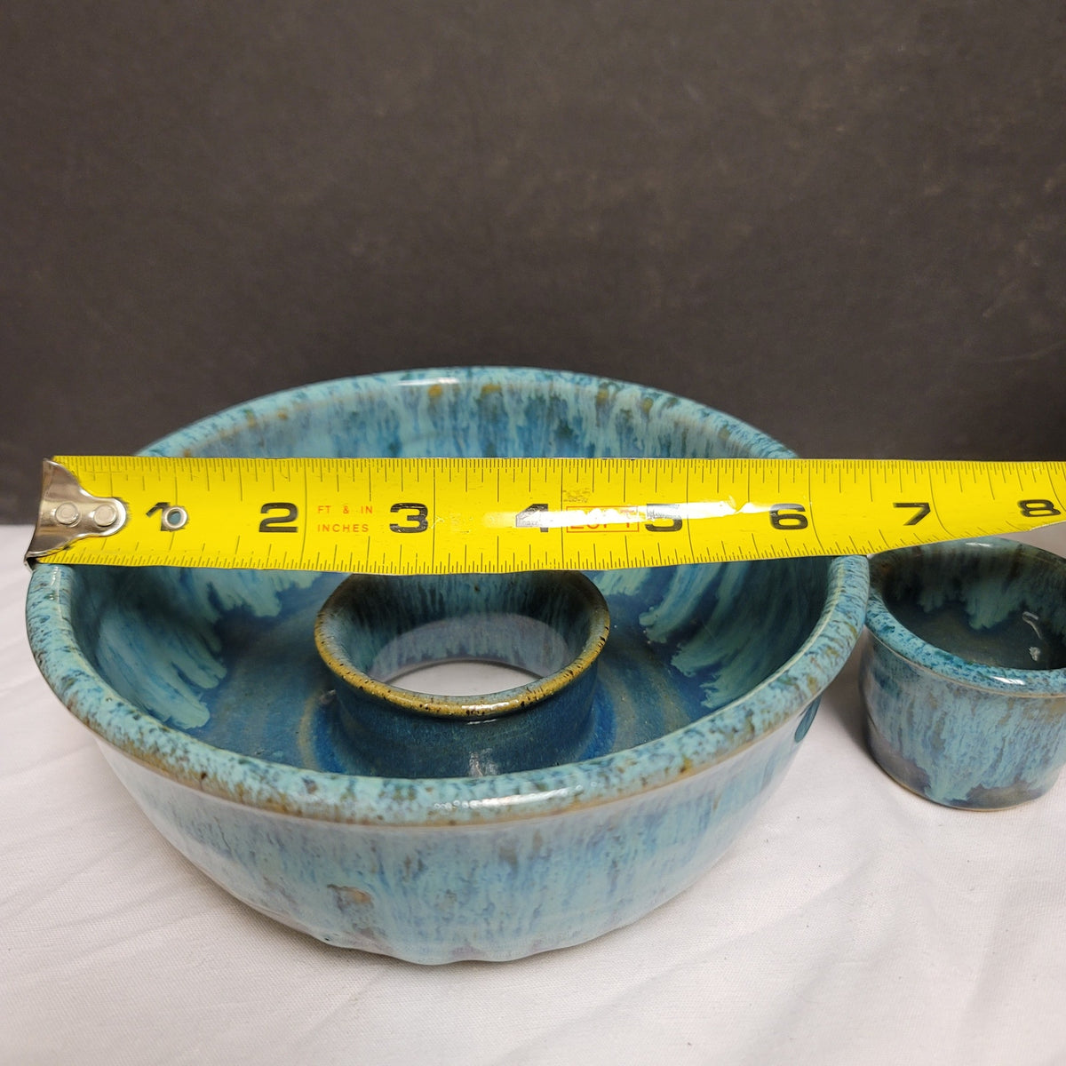 Vintage Blue Olive Serving Set Two Piece Ring Bowl with Sauce Cup Handmade