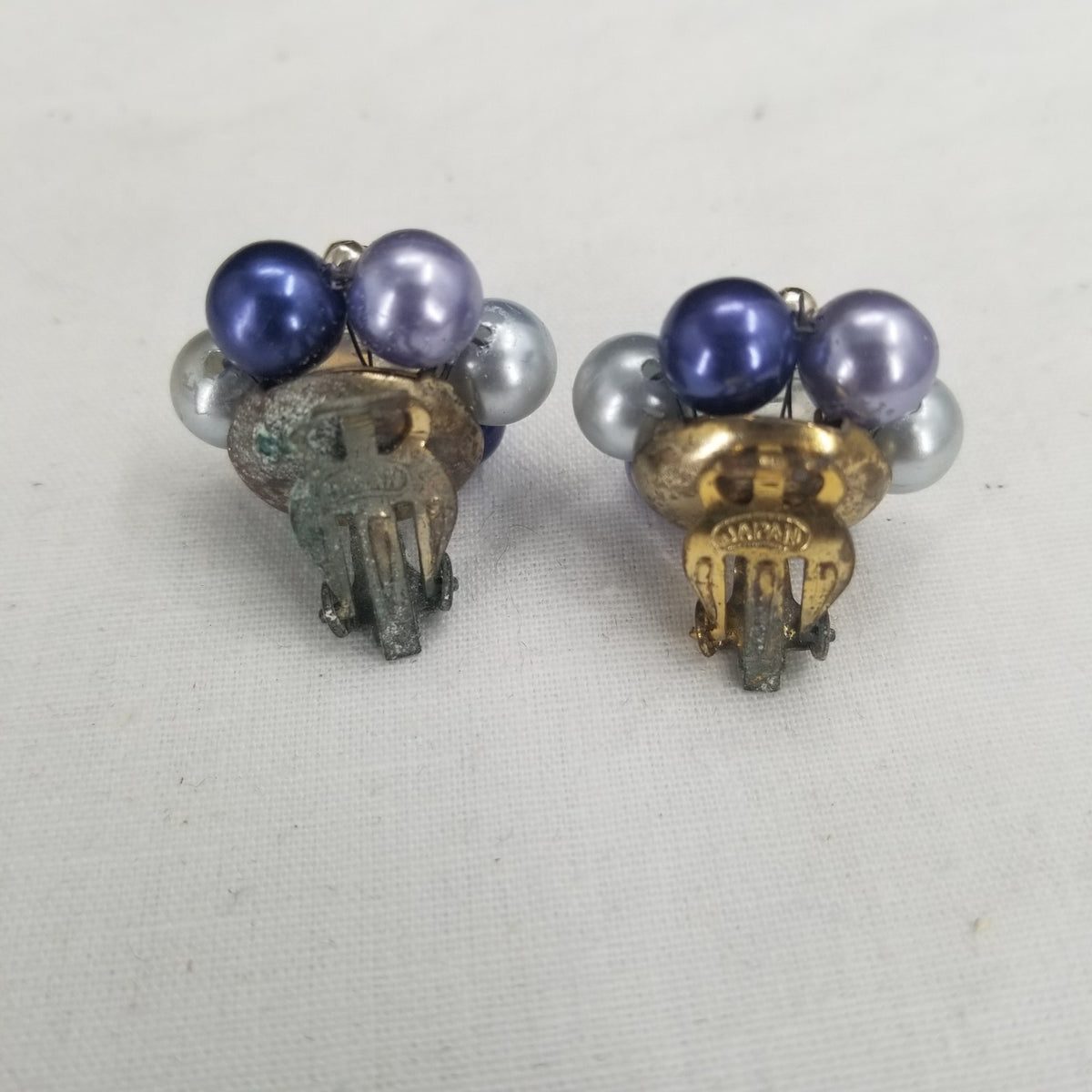 Vintage Earring Blue Tone Faux Pearl Clip On Rhinestone Earrings
