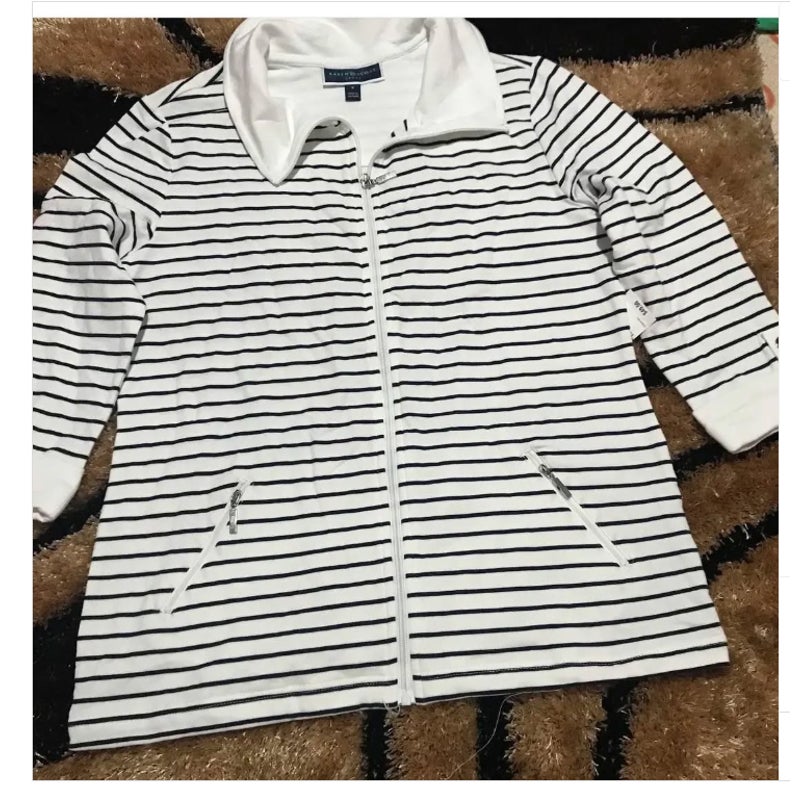 Karen Scott Sweatshirt Striped Full Zip Up Jacket Long Sleeve Bright White Large