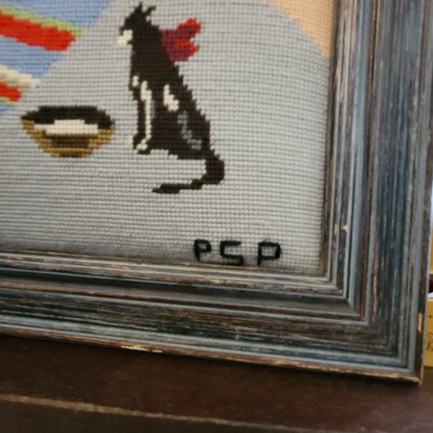 Vintage LARGE NEEDLEPOINT Colonial woman fireplace Cat primitive Textile Art 34"