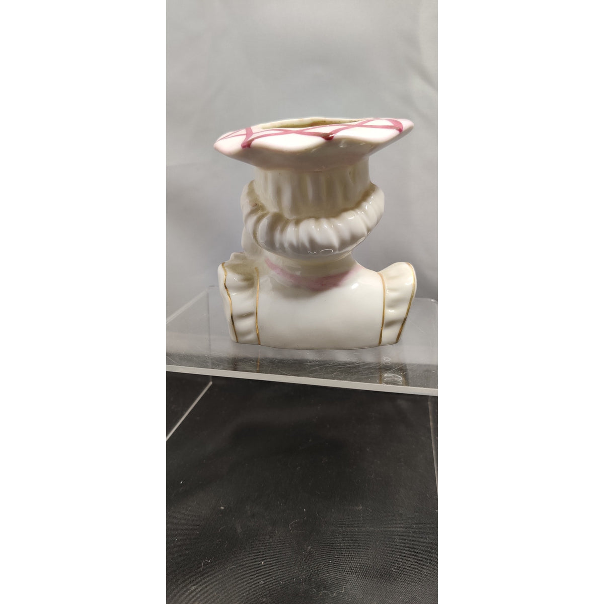 Vintage Ceramic Lady Head Vase Planter Pink Bow 3.6" tall 1950s Wide Brim Hat