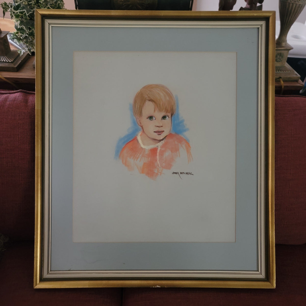 Young child art wall chalk pastel painting VINTAGE Signed Lamar Mitchell 27x30