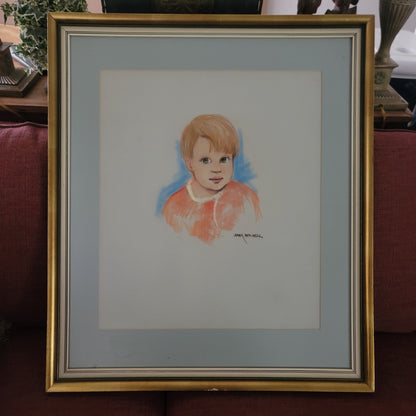 Young child art wall chalk pastel painting VINTAGE Signed Lamar Mitchell 27x30