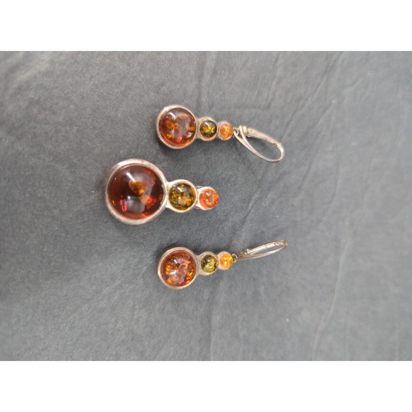Vintage Boho Genuine Amber Silver Dangle Earrings & Pendant Set 925