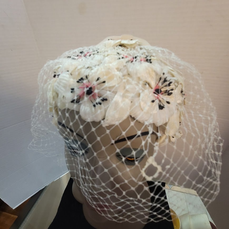 Vintage 1950s Cream Floral Birdcage Veil Pillbox Hat Sequins Rhinestones