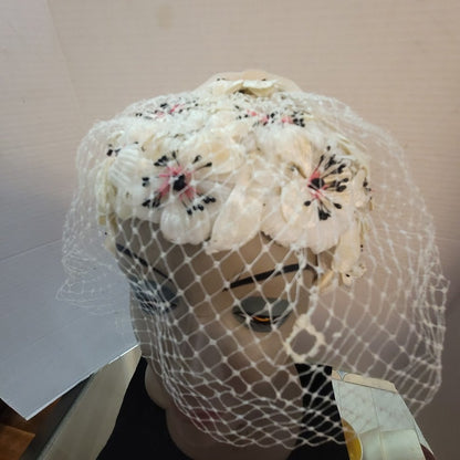 Vintage 1950s Cream Floral Birdcage Veil Pillbox Hat Sequins Rhinestones