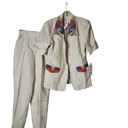 Premiere Designer 2 Pc. vintage Pant Jacket Suit Vintage LINEN Size 10 Cream