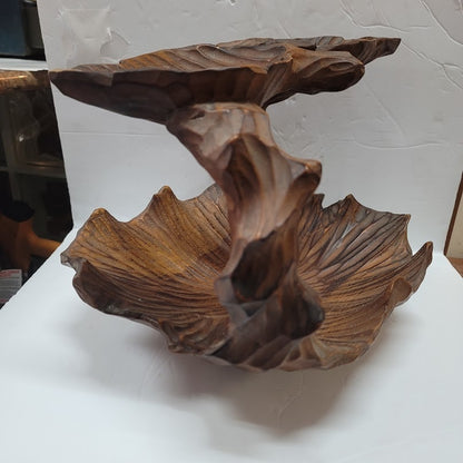 Vintage Hand Carved Burl Wood Rustic Leaf Shaped Basket W/ Handle MCM Brutalist
