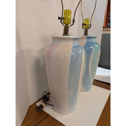 Vintage Montgomery Ward Pastel Ceramic Table Lamps Set Blue Pink Swirl Retro