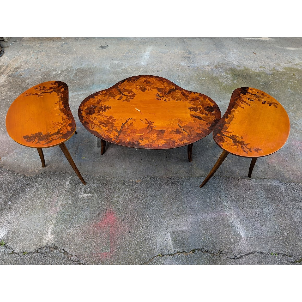 Buchschmid & Gretaux Inlay Inlaid Marquetry 3 pc. Coffee table and 2 End Tables