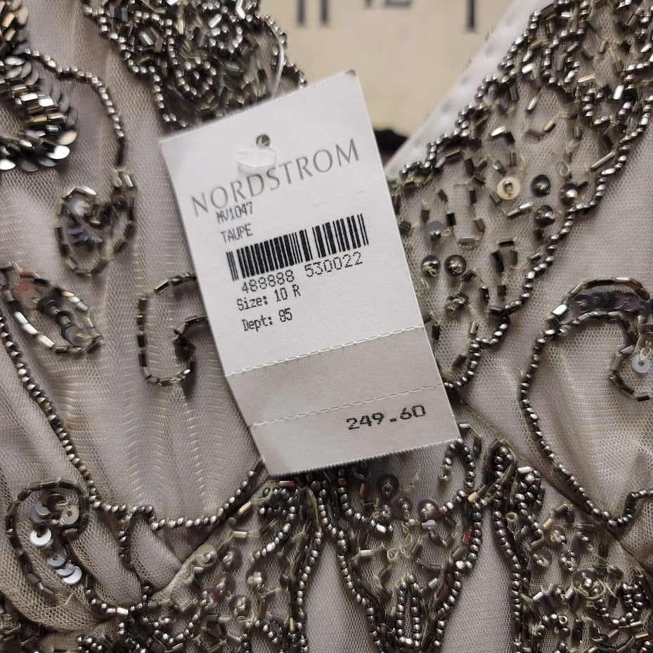Pisarro Nights Size 10 Formal Dress Sequin Beaded Gown Sleeveless NEW Maxi Taupe