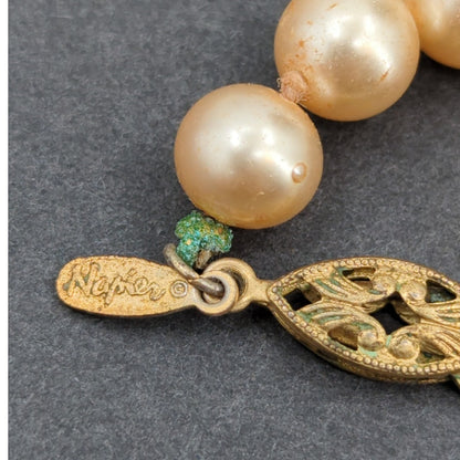 Vintage Napier Knotted Faux Pearl Necklace Gold-Tone Filigree Clasp