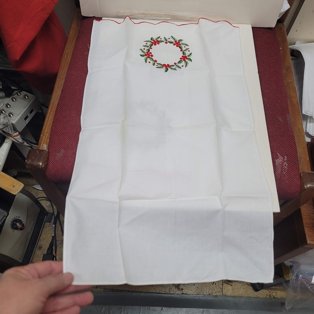 Pair of Two Vintage Linen Hand Embroidered Christmas Tea Towel Holly Green Red