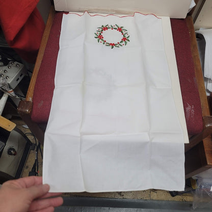 Pair of Two Vintage Linen Hand Embroidered Christmas Tea Towel Holly Green Red