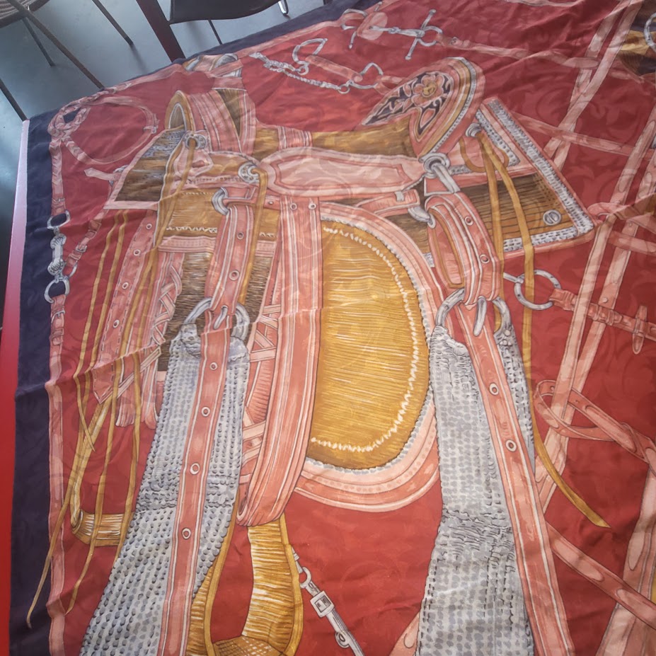 Vintage Italian Silk Scarf Red Navy Equestrian Saddle Old Money Heritage Style