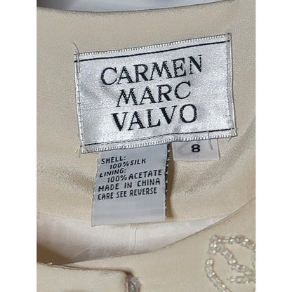 Vintage 90's Carmen Marc Valvo Size 8 SILK blazer clear glass beads leaf Cream