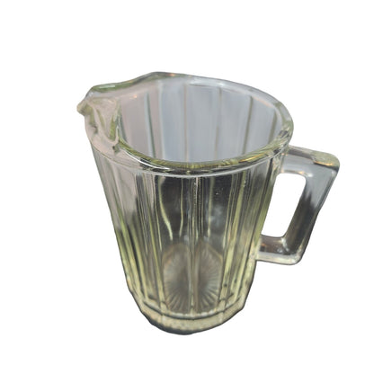 Vintage Small Heavy Clear Glass PITCHER w/ Ice Lip, Square Handle & Wide Ribs