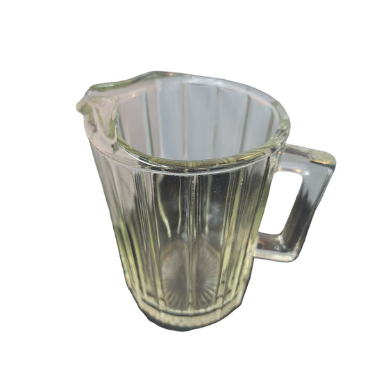 Vintage Small Heavy Clear Glass PITCHER w/ Ice Lip, Square Handle & Wide Ribs