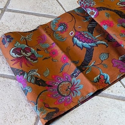table runner 88" x 16" Rust purple blue Bird Florals cotton woven blend