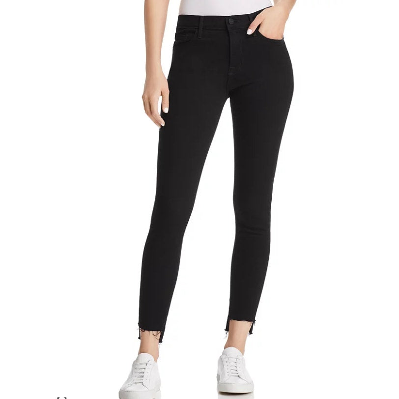 FRAME Le Skinny De Jeanne Raw Stagger Mid Rise Cropped Skinny Jean 28" Film Noir